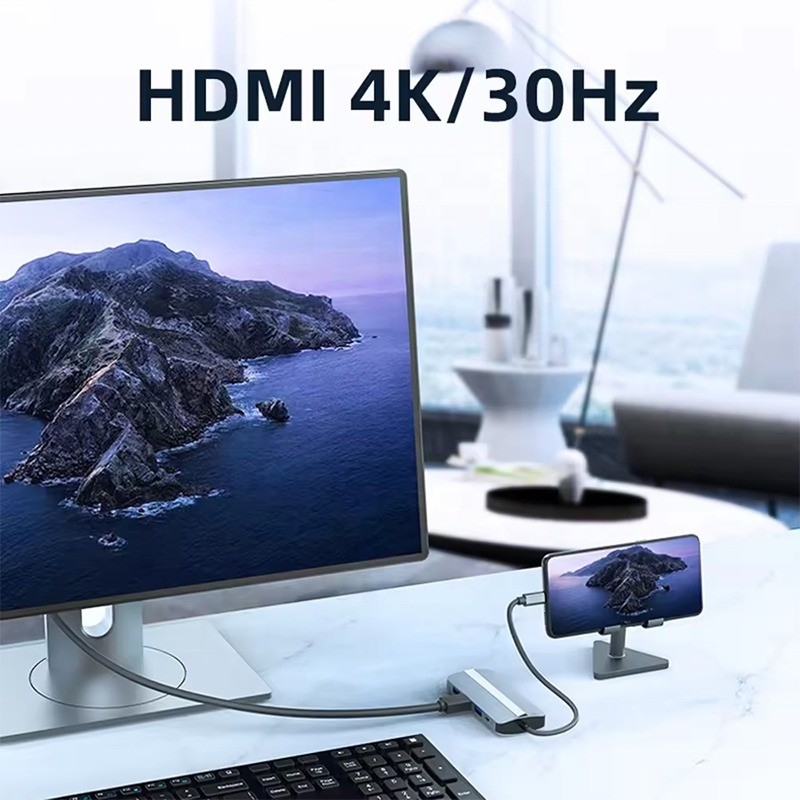 7 In 1 USB C USB-C Hub For Macbook Gray HDMI USB 3.0 USB2.0 RJ45 SD/TF Card Reader PD Output