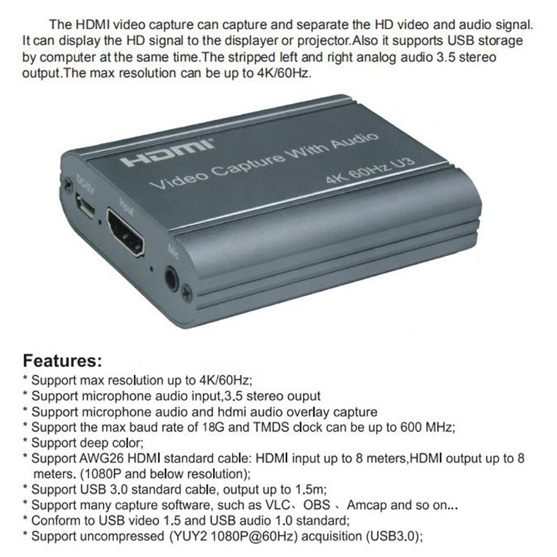 Professional 4K 60Hz HDMI To USB3.0 Video Capture Card With Audio Output And USB 3.0