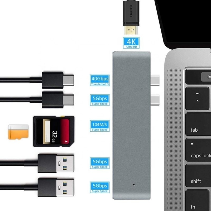 7-In-2 Hub Docking Station with Dual Type C Male Input and USB 3.1 Interface Type