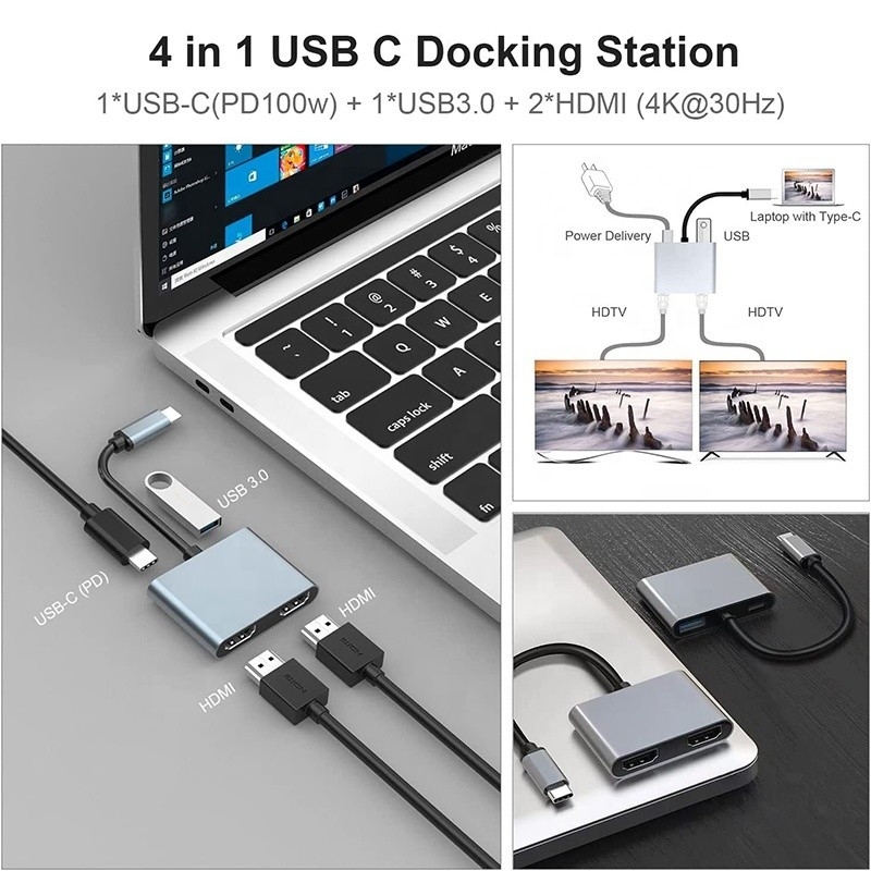 4-in-1 USB C to Dual 4K HDMI MST Adapter for Charging Data Transfer and Video Output