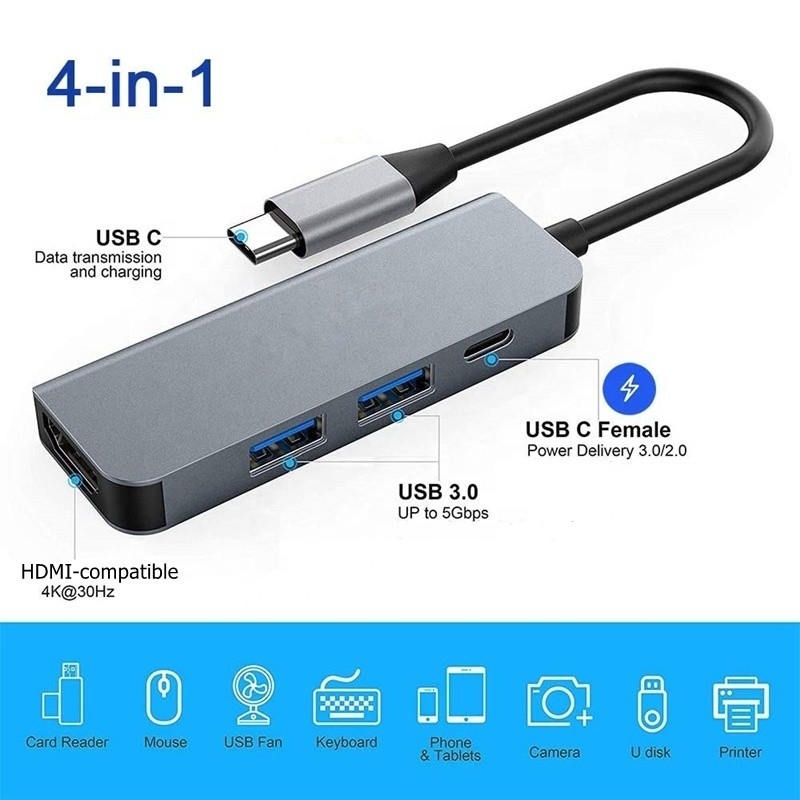 4K HDMI Compatible Type-C To USB C Hub Adapter with 2 USB3.0 and PD Charging Port