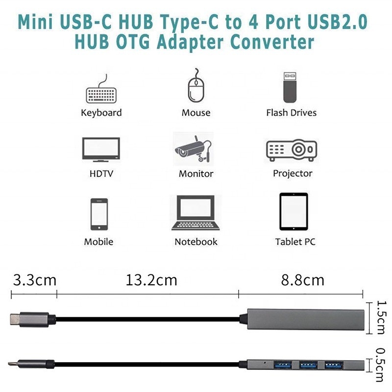 Type C Interface 4 In 1 4 Ports Hub Type-C OTG To USB 3.0 2.0 Adapter Aluminium Alloy