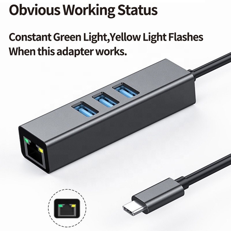 USB 3.1 Type C to 9 Ports USB3.0 Hub with Gigabit Ethernet RJ45 Lan Port Adapter Gray