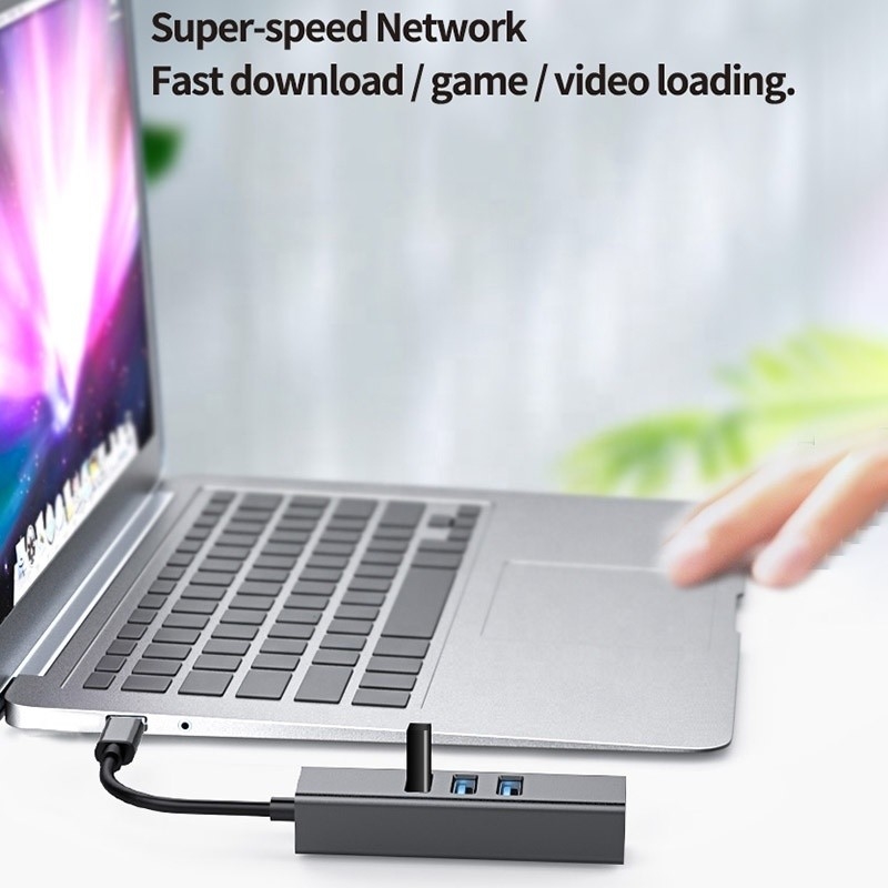 USB 3.1 Type C to 9 Ports USB3.0 Hub with Gigabit Ethernet RJ45 Lan Port Adapter Gray