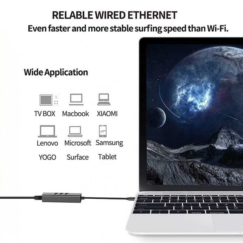 USB 3.1 Type C to 9 Ports USB3.0 Hub with Gigabit Ethernet RJ45 Lan Port Adapter Gray