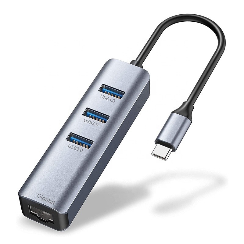 USB 3.1 Interface Type C To 9 Ports USB A 3.0 Adapter With RJ45 Gigabit Ethernet Network Card Gray