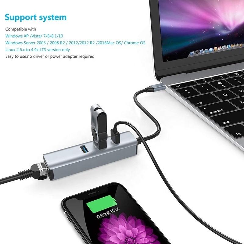 USB 3.1 Interface Type C To 9 Ports USB A 3.0 Adapter With RJ45 Gigabit Ethernet Network Card Gray