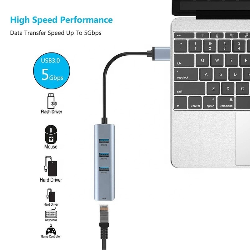 USB 3.0 to 6 Port USB Hub and 1000Mbps Ethernet Adapter for Male-Female Compatibility