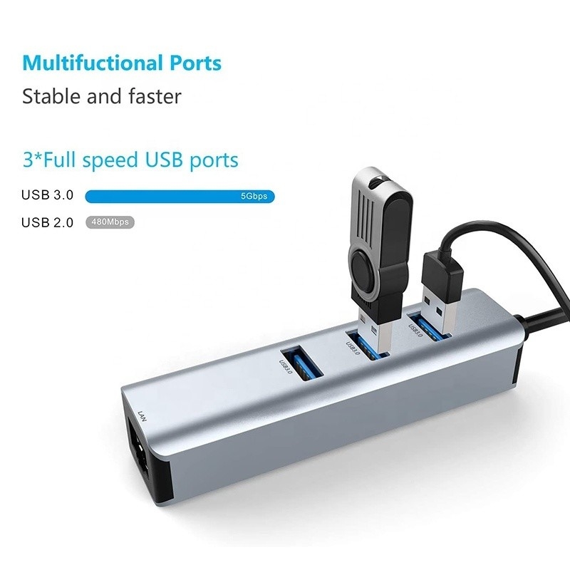 USB 3.0 to 6 Port USB Hub and 1000Mbps Ethernet Adapter for Male-Female Compatibility