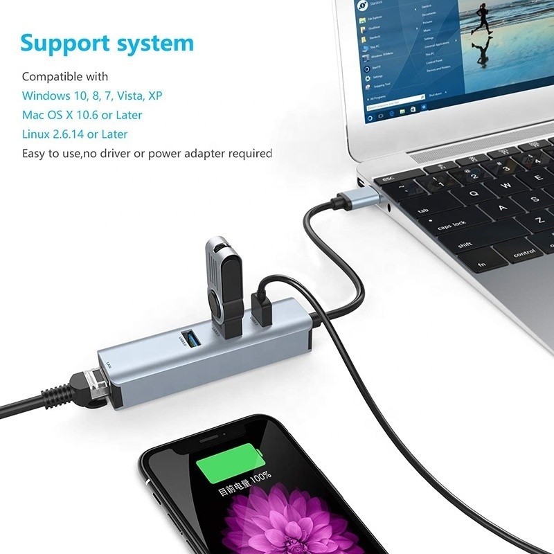 USB 3.0 to 6 Port USB Hub and 1000Mbps Ethernet Adapter for Male-Female Compatibility