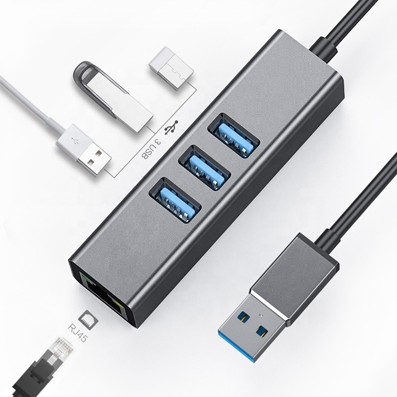 Gray USB3.0 Hub And RJ45 Lan Adapter With 3 USB Ports Gigabit Ethernet Network Card