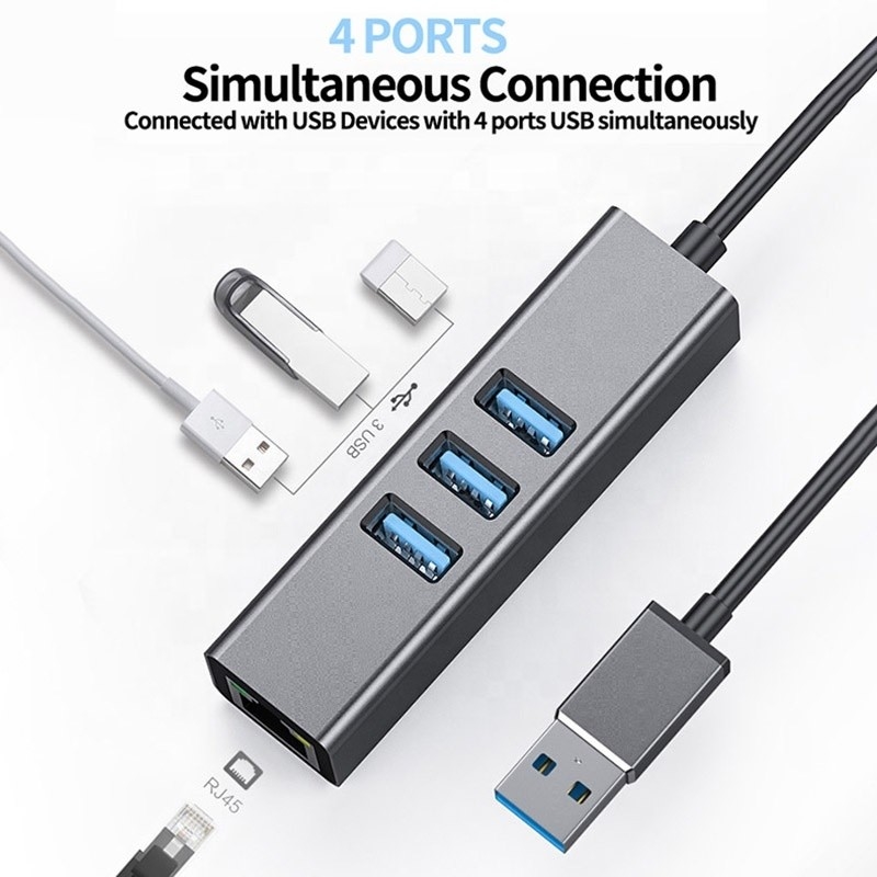 Gray USB3.0 Hub And RJ45 Lan Adapter With 3 USB Ports Gigabit Ethernet Network Card