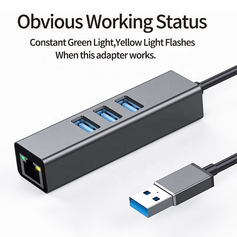 Gray USB3.0 Hub And RJ45 Lan Adapter With 3 USB Ports Gigabit Ethernet Network Card