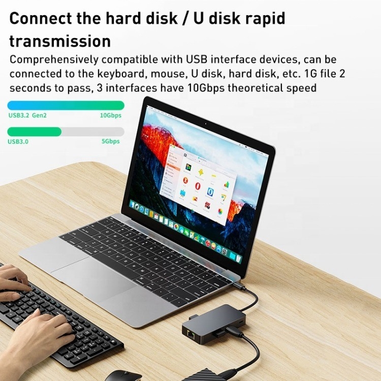 8-In-1 Multiport Adapter USB-C Hub With HDMI 3 USB3.0 RJ45 And PD Output 5-8 Ports