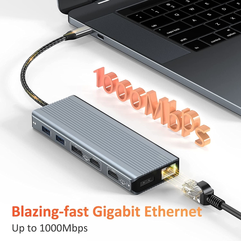 USB 3.1 Interface Type C To 9 Ports USB A 3.0 Adapter With RJ45 Gigabit Ethernet Network Card Gray