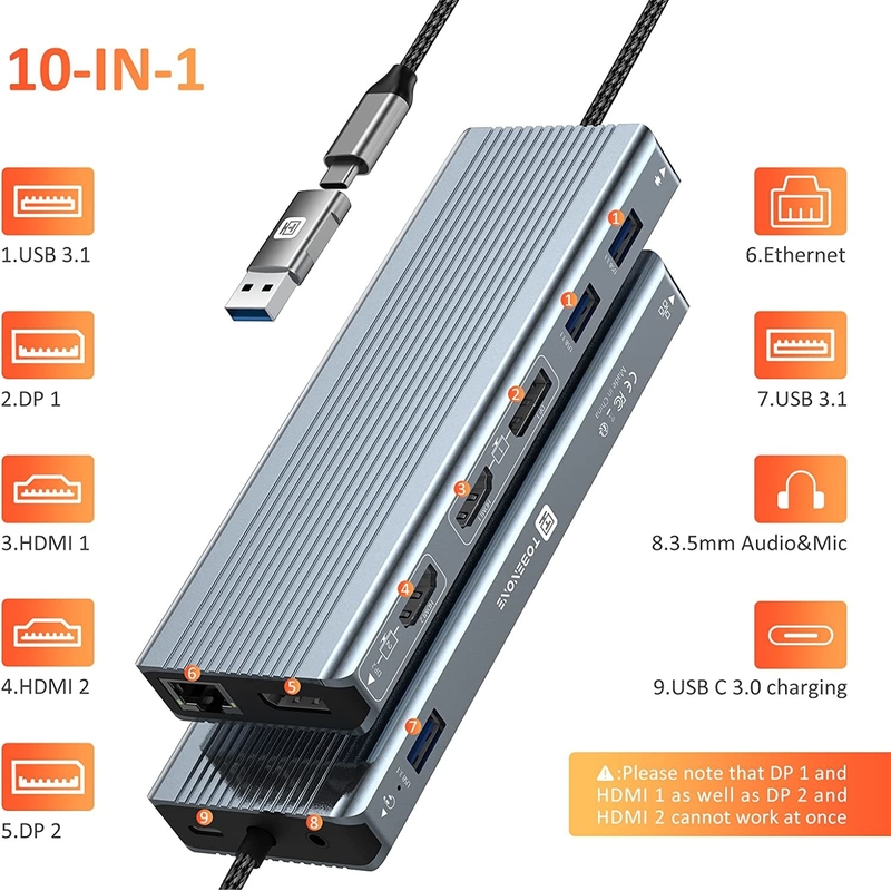 USB 3.1 Interface Type C To 9 Ports USB A 3.0 Adapter With RJ45 Gigabit Ethernet Network Card Gray