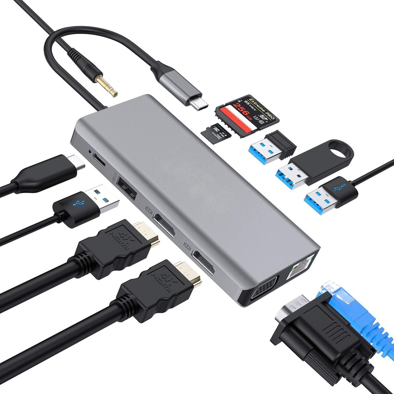 Enhanced Connectivity 12 In 1 USB C Type-C Hub Multiport Dock Station With Dual HDMI