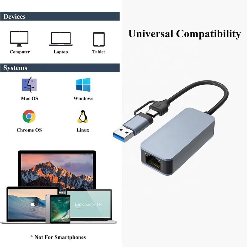2 In 1 Aluminum USB 3.0 Type C Ethernet Adapter for Fast and Stable Network Connection