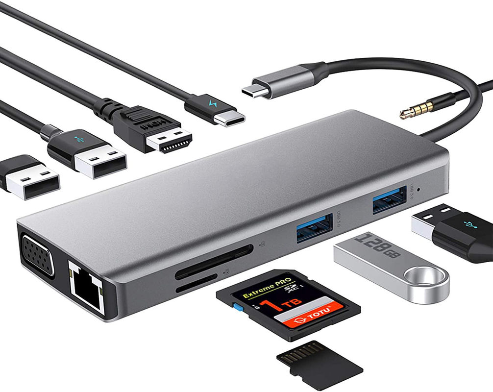 10 In 1 USB C Hub To Dual  4K 60Hz Adapter Dock with USB 3.0 Ethernet RJ45 1000Mbps