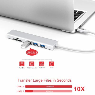 6 Port Usb-C Hub Splitter Usb-C Expander Portable Usb Adapter Multiport Data Hub